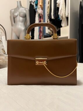 VINTAGE CLASSIC BROWN TOP HANDLE SATCHEL HANDBAG GOLD HARDWARE